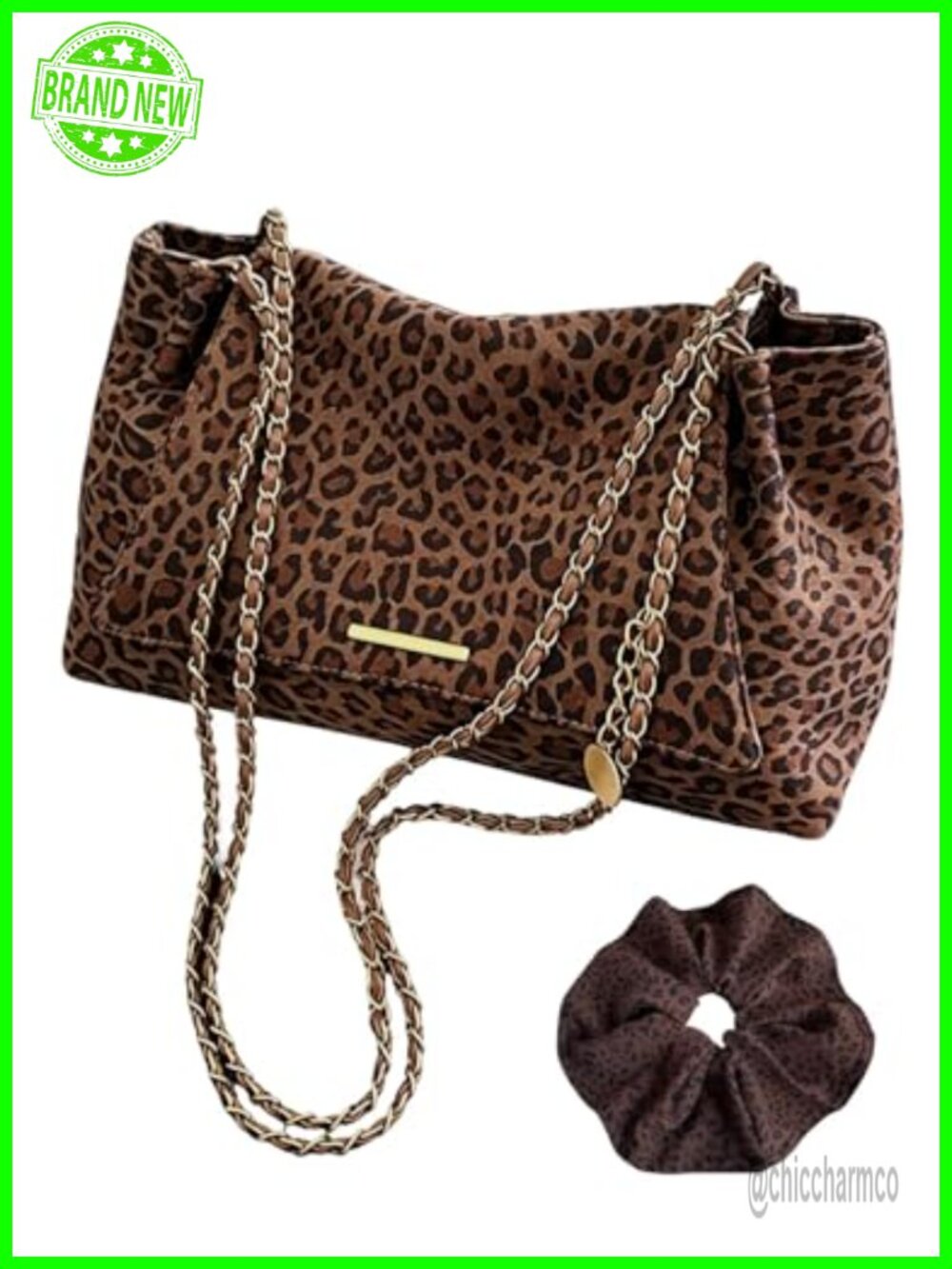 Leopard Print Crossbody Bag Chain Shoulder Purse Suede-like Women Handbag